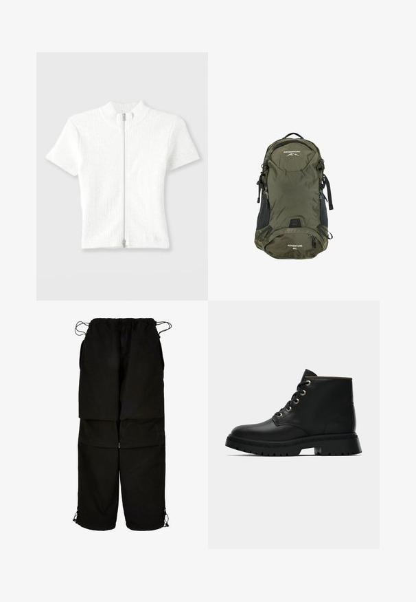 Giacca impermeabile verde con cappuccio, bottoni a pressione e tasche laterali; texture liscia e vestibilità comoda.; Top corto a maniche corte in maglia a coste bianca, aderente, con colletto alto e zip frontale. Presenta una texture sottile e un finish pulito.; Pantaloni neri realizzati in tessuto leggero, con vita regolabile e orli con cordoncino. Progettati con una vestibilità ampia e diverse tasche.; Stivaletto in pelle nera con punta tonda, occhielli dorati e suola texturizzata. Presenta un colletto imbottito e un logo distintivo sul lato.; Zaino in nylon verde oliva con accenti neri, capacità di 40L, spallacci regolabili, tasche frontali con zip e un motivo a griglia testurizzato.