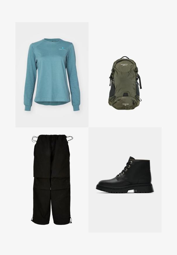 Grøn vandtæt regnjakke med hætte, trykknapper og sidelommer; glat tekstur og afslappet pasform.; Klättermusen ROOT LOGO TEE - Langærmet T-shirt - frost green; Sorte bukser lavet af letvægtsstof, med justerbar talje og snoretræk i bunden. Designet med en løs, oversized pasform og flere lommer.; Sort læder ankelstøvle med rund tå, guldøjer og tekstureret sål. Har polstret krave og et karakteristisk logo på siden.; Olivengrøn nylon rygsæk med sorte accenter, 40L kapacitet, justerbare stropper, frontlommer med lynlås og et struktureret gittermønster.