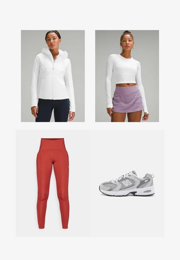 Giacca leggera bianca con zip e cappuccio, caratterizzata da una finitura testurizzata e aperture per il pollice nelle maniche. Abbinata a leggings blu navy.; Top corto a maniche lunghe bianco in tessuto testurizzato abbinato a una gonna sportiva a strati di colore lavanda. Design liscio e aderente senza motivi visibili.; Leggings a vita alta, aderenti, in un ricco tessuto rosso, con cuciture piatte e una tasca laterale per praticità. Texture liscia, materiale elastico.; Scarpe da ginnastica grigie con tomaia in rete e camoscio, lacci bianchi e suola nera. Presentano un logo "N" prominente e un collare imbottito.
