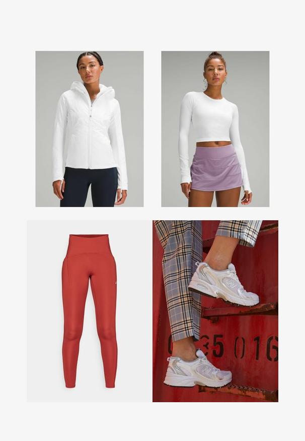 Balta lengva zip-up striukė su gobtuvu, pasižyminti tekstūruotu paviršiumi ir nykščių angomis rankovėse. Suderinta su tamsiai mėlynomis leggingais.; Balta ilgomis rankovėmis apkirpta palaidinė su tekstūruotu audiniu, derinama su lavandų spalvos, sluoksniuota sportine sijonėle. Lygi, prigludusi išvaizda be matomų raštų.; Aukštos juosmens, prigludę leggingai turtingos raudonos spalvos audiniu, su plokščiomis siūlėmis ir šonine kišenėle patogumui. Lygi tekstūra, tamprus medžiaga.; Balti nėriniai sportbačiai su sidabriniais akcentais ir tekstūruota padu, padėti ant raudonos paviršiaus, derinami su languotomis kelnėmis.