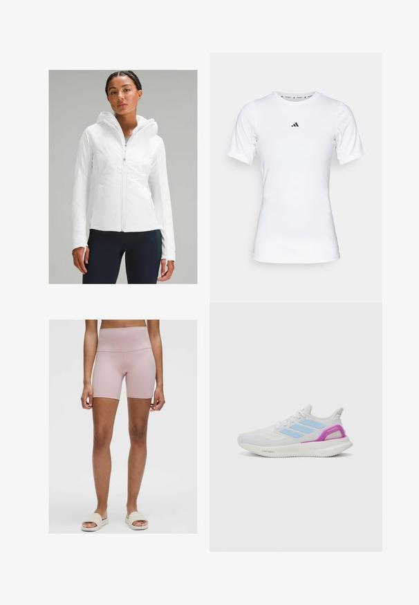 Vit zip-up lättviktsjacka med huva, med en texturerad finish och tummhål i ärmarna. I kombination med marinblå leggings.; Vit idrottströja med korta ärmar, tillverkad i ett slätt, stretchigt material. Har en liten svart Adidas-logotyp på bröstet.; Ljust rosa högmidjade cykelshorts tillverkade av ett stretchigt material. Har en slät yta och en åtsittande design som når till mitten av låret.; adidas Performance PUREBOOST 5 - Väglöparskor - white/glow blue/purple burst