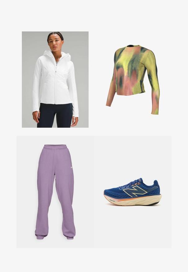 Balts vieglais zip-up jaka ar kapuci, ar teksturētu apdari un aprocēm ar vietām īkšķiem. Apvienots ar tumši ziliem legingiem.; Garšīgais krūškurvis ar garām piedurknēm, kas rotāts ar tievām krāsainajām svītrām zaļā, dzeltenā un rozā krāsā. Izgatavots no mīkstas auduma, ar apaļu kakla izgriezumu un šauru piegriezumu.; Björn Borg STUDIO OVERSIZED PANTS - Treniņtērpa apakšdaļas - purple sage; Zilas skriešanas apavi ar elpojošu sietu augšdaļu, mīkstinātu apkakli un polsterētu zoli ar oranžu akcentu. Redzama "Fresh Foam" emblēma.