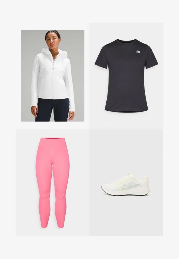 Chaqueta ligera blanca con cremallera y capucha, con un acabado texturizado y agujeros para los pulgares en las mangas. Combinada con leggins azul marino.; Camiseta negra de manga corta hecha de una tela suave, con un pequeño logotipo gris de New Balance en la parte superior izquierda del pecho, diseño clásico de cuello redondo.; Leggings activos rosas con cintura alta, hechos de un material elástico. Presentan una textura suave y sin patrones ni acentos visibles.; Nike Performance DOWNSHIFTER 13 - Zapatillas running asfalto - sail/silver-coloured photon dust/summit white/barely volt/black