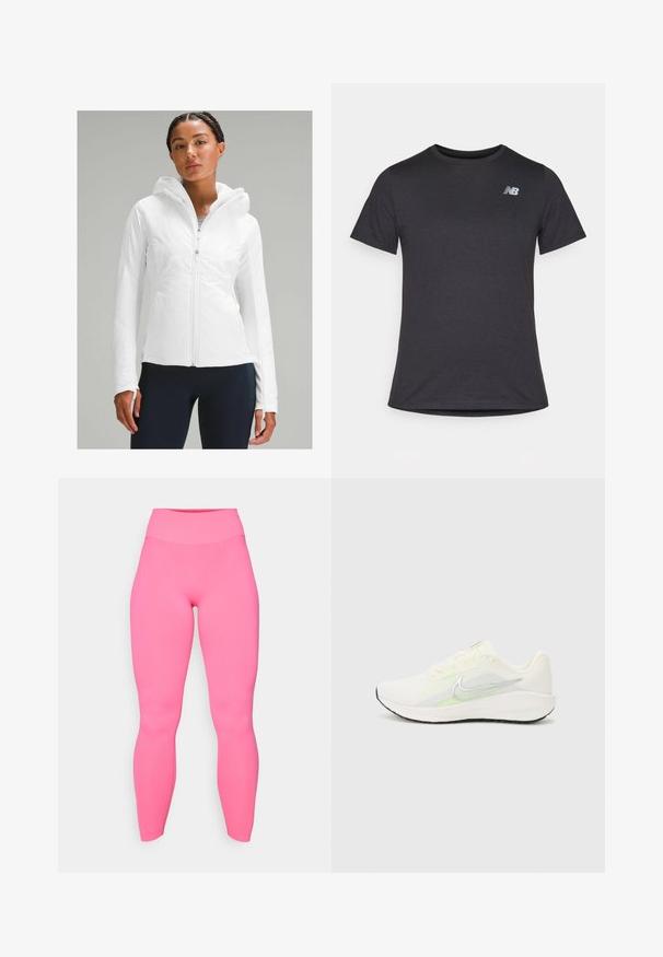 Valkoinen kevytrakenteinen zip-up-takki hupulla, jossa on teksturoitu pinta ja peukalohalat hihoissa. Yhdistetty tummansinihin legginsseihin.; Musta lyhyt hiha t-paita, joka on valmistettu pehmeästä kankaasta. Paidassa on pieni harmaa New Balance -logo vasemmassa ylärinnassa ja klassinen pyöreä kaula-aukko.; Violette korkeavyötäröiset leggingsit joustavasta kankaasta. Sileä pinta, vartalonmyötäinen muotoilu, nilkkapituiset ja ilman näkyviä kuvioita tai tarvikkeita.; Nike Performance DOWNSHIFTER 13 - Katujuoksukengät - sail/silver-coloured photon dust/summit white/barely volt/black