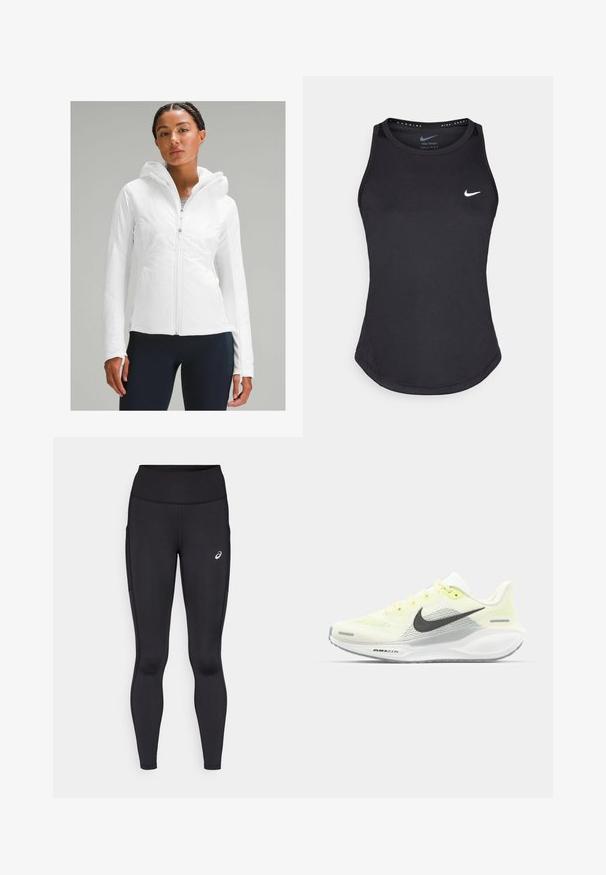 Veste légère blanche à fermeture éclair avec capuche, dotée d'une finition texturée et de passes-pouces dans les manches. Associée à des leggings navy.; Débardeur de sport noir en matériau anti-humidité. Il présente un col rond, une coupe slim et un logo Nike blanc sur la poitrine.; Leggings noirs avec une taille haute, fabriqués en matériau lisse et extensible. Présentent un logo discret sur la cuisse et des poches latérales.; Baskets de course Nike avec une tige en mesh jaune clair et blanche, des accents gris et une semelle en caoutchouc flexible. Présentent un système de laçage.