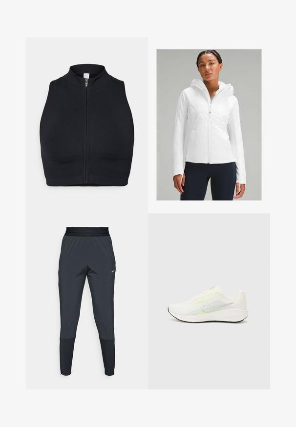 Bílá lehká bundě na zip s kapucí, která má texturovaný povrch a otvory pro palce na rukávech. V kombinaci s námořnickými legínami.; Černý sportovní crop top s vysokým límcem a zipem vpředu. Vyrobený z elastické tkaniny s hladkou texturou a minimálními švy.; Nike sportovní kalhoty v tmavě šedé barvě, s tapered nohavicemi, elastickým pasem a akcentními detaily poblíž manžet.; Nike Performance DOWNSHIFTER 13 - Silniční běžecké boty - sail/silver-coloured photon dust/summit white/barely volt/black