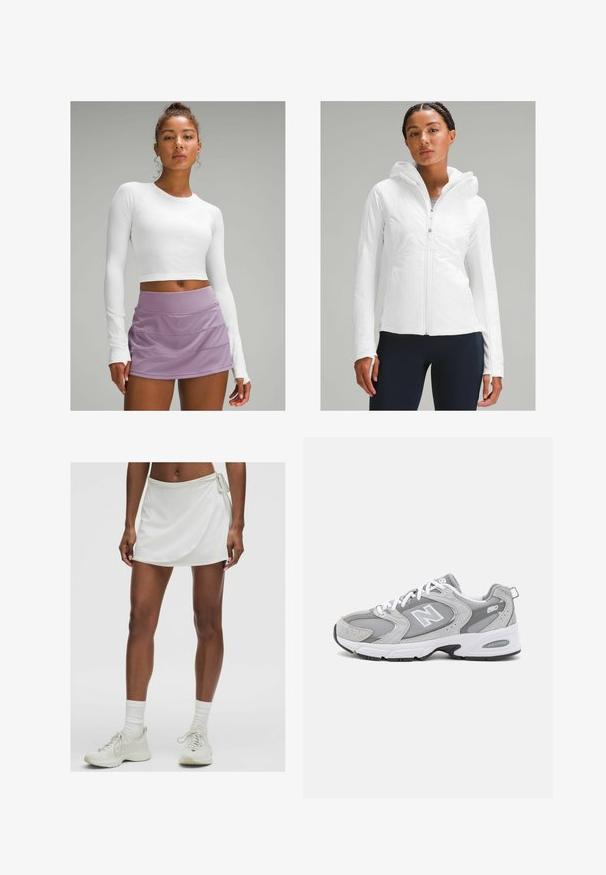 Jachetă ușoară albă cu fermoar, dotată cu glugă, având un finisaj texturat și orificii pentru degete în mâneci. Asortată cu colanți de culoare navy.; Top crop alb cu mâneci lungi din țesătură texturată, asortat cu o fustă sportivă lavandă, stratificată. Design neted, ajustat, fără modele vizibile.; Fustă sport albă cu design înfășurat, realizată dintr-un material neted. Are o legătură pe lateral și este asortată cu teniși și șosete de culoare deschisă.; Pantofi sport gri cu un superior din plasă și suede, șireturi albe și talpă exterioară neagră. Prezintă un logo proeminent "N" și un guler căptușit.