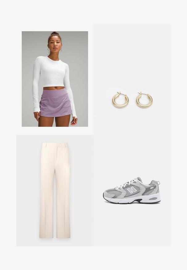 Jachetă ușoară albă cu fermoar, dotată cu glugă, având un finisaj texturat și orificii pentru degete în mâneci. Asortată cu colanți de culoare navy.; Top crop alb cu mâneci lungi din țesătură texturată, asortat cu o fustă sportivă lavandă, stratificată. Design neted, ajustat, fără modele vizibile.; Pantaloni bej, croiți pe linie dreaptă, realizati dintr-un material ușor. Prezintă pliuri frontale și o talie clasică.; Pantofi sport gri cu un superior din plasă și suede, șireturi albe și talpă exterioară neagră. Prezintă un logo proeminent "N" și un guler căptușit.; Lauren Ralph Lauren BASIC SMALL HOOP - Cercei - gold-coloured