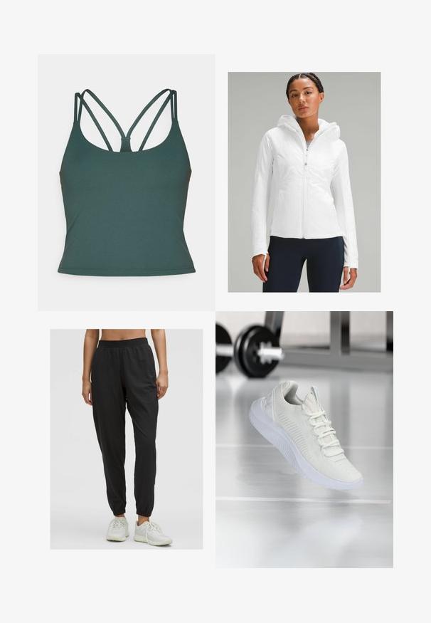 Biała lekką kurtkę z zamkiem błyskawicznym i kapturem, z teksturowanym wykończeniem i otworami na kciuki w rękawach. Połączona z granatowymi legginsami.; Fabletics - Top; Czarne, lekkie spodnie dresowe z elastycznym pasem, bocznymi kieszeniami i zwężanym dołem. Wykonane z oddychającego materiału o gładkiej fakturze.; Białe sportowe sneakersy z teksturowaną siateczką u góry i systemem sznurowania, charakteryzujące się wyściełaną białą podeszwą oraz subtelnymi żeberkowymi akcentami.