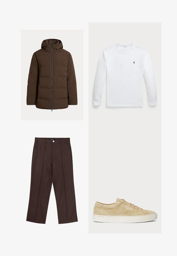 Brūna polsterēta jaka ar kapuci, priekšpusē ar rāvējslēdzēju un sānu kabatām, izgatavota no gludas auduma ar horizontālām šūtām daļām.; Garā piedurkņu balta T-kreklu, kas izgatavots no kokvilnas, ar apaļu kakla izgriezumu un mazu tumši zilu logo kreisajā krūtī. Gluda tekstūra, vienkāršs dizains.; Brūni taisni bikses ar priekšējiem krokām, sānu kabatām, jostas cilpām un ar zīmola pogu aizdari jostasvietā.; Bēša zamšāda sporta apavi ar zemu profilu, apaļu purngalu un bēšām auklām. Aprīkoti ar baltu gumijas zoli un diskrētu zīmolu apzīmējumu sānos.