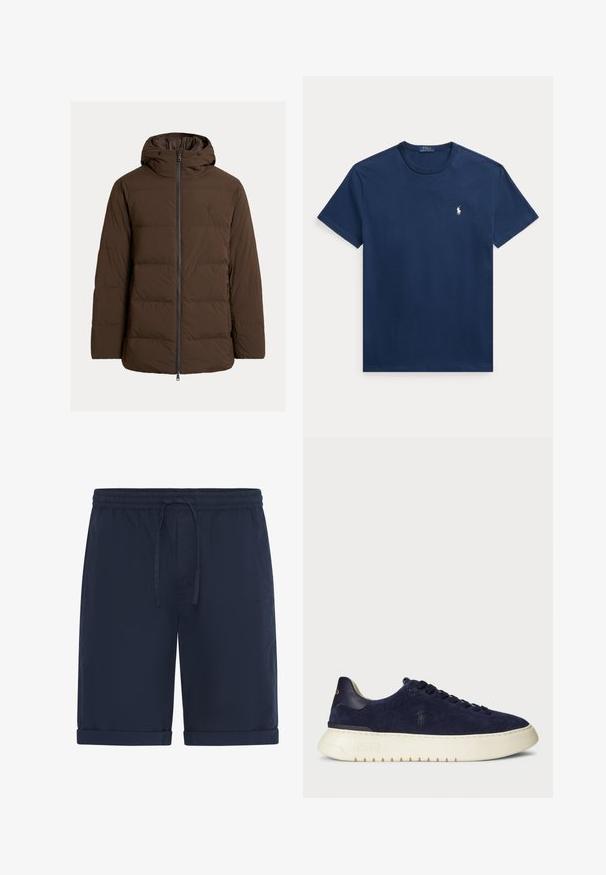 Brun vatteret jakke med hætte, der har lynlås foran og sidelommer, lavet af glat stof med vandrette quiltede sektioner.; Marineblå bomuld t-shirt med rund hals og korte ærmer. Lille hvid polo-logo på venstre bryst. Klassisk pasform og glat tekstur.; Marineblå bomuldsshorts med elastisk talje og snøre, der har en afslappet pasform og opsmøgede manchetter for et afslappet look.; Mørkeblå suede low-top sneakers med en struktureret overflade, gummisål og ensfarvede snørebånd, der har et lille logo på siden og hælen.