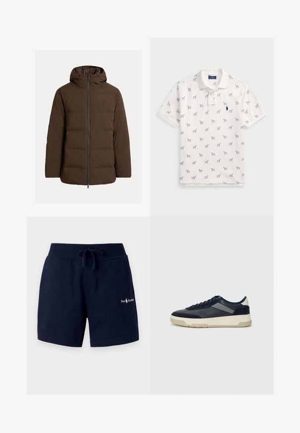 Casaco acolchoado castanho com capuz, com fecho de correr à frente e bolsos laterais, feito de tecido macio com seções acolchoadas horizontais.; Camisola polo branca feita de algodão, com um padrão repetido de cães azuis e um pequeno logotipo azul no peito. Mangas curtas e colarinho.; Calções de algodão azul-escuro com cintura elástica, cordão, bolsos laterais e logótipo bordado na perna esquerda. Textura suave.; BOSS BALTIMORE - Sapatilhas - open blue
