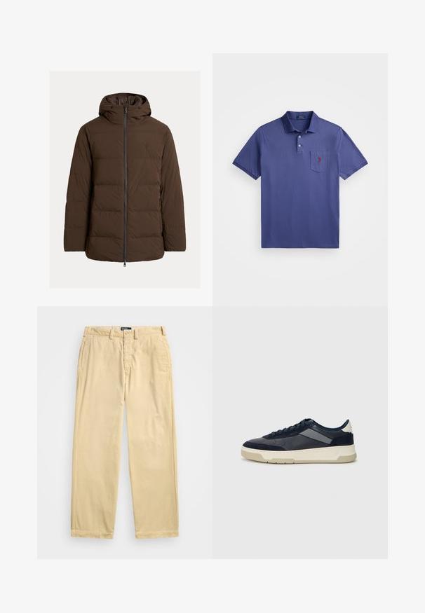 Brązowa pikowana kurtka z kapturem, zapinana na zamek, z bocznymi kieszeniami, wykonana z gładkiej tkaniny z poziomymi przeszyciami.; Fioletowa koszulka polo z bawełny, z trzema guzikami, krótkimi rękawami oraz kieszonką na piersi z czerwonym haftem logo.; Polo Ralph Lauren - Spodnie materiałowe; BOSS BALTIMORE niebieski