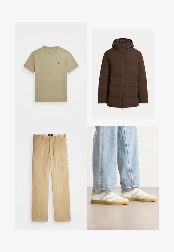 Brun vadderad jacka med huva, med dragkedja framtill och sidofickor, gjord av slätt tyg med horisontella quiltade sektioner.; Polo Ralph Lauren CLASSIC FIT HEAVYWEIGHT JERSEY T-SHIRT - T-shirt - bas - classic khaki; Beige bomullbyxor med rak passform. Har slitna lappar och broderade detaljer fram. Klassisk knapp- och dragkedjestängning.; Vita sneakers med beige mockadetaljer och ljusa gummisålar; har en låg design och texturerad detalj på ovansidan.