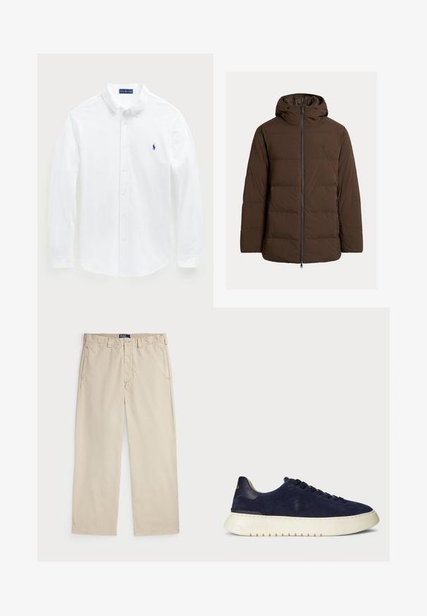 Brązowa pikowana kurtka z kapturem, zapinana na zamek, z bocznymi kieszeniami, wykonana z gładkiej tkaniny z poziomymi przeszyciami.; Biała koszula z długim rękawem wykonana z bawełny, posiadająca zapięcie na guziki w kołnierzyku oraz małe niebieskie logo polo na klatce piersiowej. Gładka faktura, klasyczny krój.; Beżowe chinosy z bawełny o prostym kroju, z zapięciem na guzik i dwoma przednimi kieszeniami. Gładka faktura i jednolity kolor.; Granatowe zamszowe sneakersy typu low-top z teksturowaną powierzchnią, gumową podeszwą i tonowymi sznurowadłami, z małym logo po boku i na pięcie.