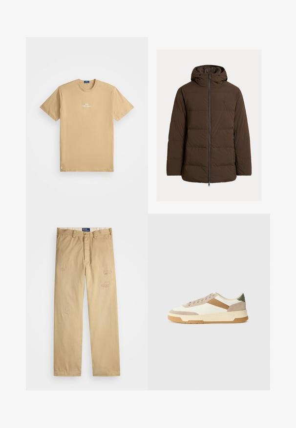 Ruda paminkštinta striukė su gaubtu, su užtraukiama priekyje ir šoninėmis kišenėmis, pagaminta iš lygaus audinio su horizontaliomis dygsniuotomis dalimis.; Bežinis marškinėliai trumpomis rankovėmis su apvaliu kaklu, "Polo Ralph Lauren" logotipas baltos spalvos, centruotas krūtinėje, mažas siuvinėtas emblema arčiau apačios.; Braški medvilniniai kelnės su tiesiu kirpimu. Priekyje yra dėvėti priežiūros elementai ir siuvinėjimo detalės. Klasikinis mygtuko ir užtrauktuko uždarymas.; Bežiniai, kreminiai ir alyviniai sportbačiai, pagaminti iš zomšos ir odos, su apvaliu pirštu, minimalistiniu dizainu ir guminėmis padangomis.