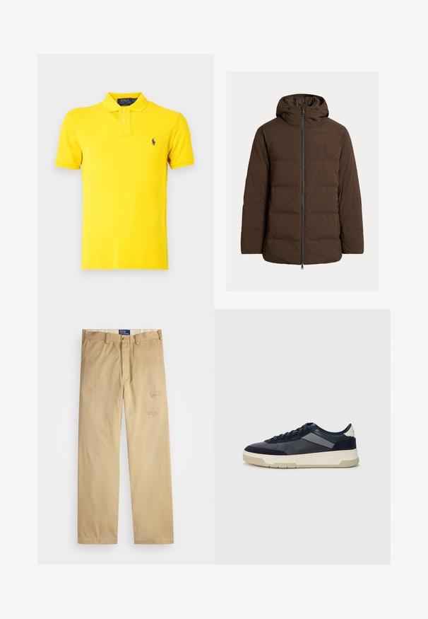 Ruda paminkštinta striukė su gaubtu, su užtraukiama priekyje ir šoninėmis kišenėmis, pagaminta iš lygaus audinio su horizontaliomis dygsniuotomis dalimis.; Polo Ralph Lauren SLIM FIT POLO SHIRT - Polo marškinėliai - lemon rind; Braški medvilniniai kelnės su tiesiu kirpimu. Priekyje yra dėvėti priežiūros elementai ir siuvinėjimo detalės. Klasikinis mygtuko ir užtrauktuko uždarymas.; BOSS BALTIMORE - Sportbačiai - open blue