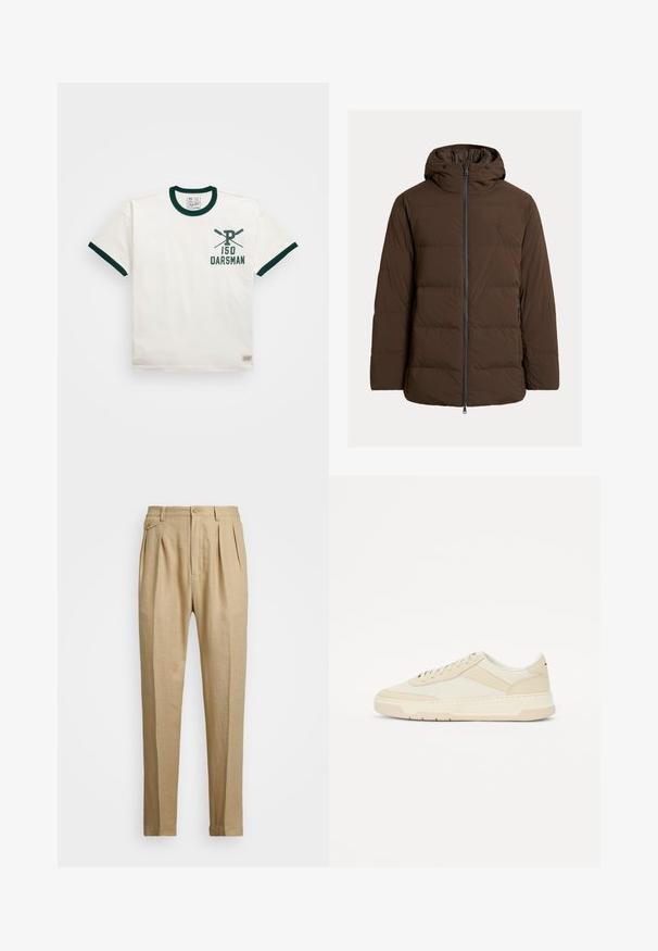 Ruda paminkštinta striukė su gaubtu, su užtraukiama priekyje ir šoninėmis kišenėmis, pagaminta iš lygaus audinio su horizontaliomis dygsniuotomis dalimis.; Grietos trumpomis rankovėmis T-marškiniai su tamsiai žalia gipiūru apykakle ir rankovėmis. Su grafine spauda, vaizduojančia įstrižai kryžius ir tekstą "150 OARSMAN".; Bežinės lininės kelnės tiesaus kirpimo, turinčios dvi priekinės klostes, sagų užsegimą ir šonines kišenes. Tekstūruotas audinys su lygiu paviršiumi.; Bežiniai sportbačiai, pagaminti iš lygaus odos ir tekstilės; žemas dizainas su apvaliu pirštu ir raišteliais; tekstūruoti šonų akcentai.