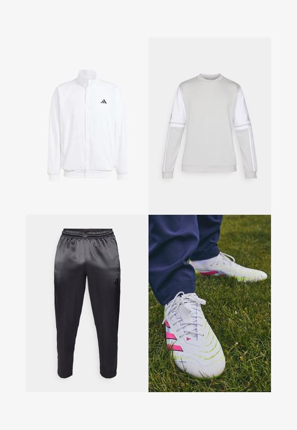Giacca leggera bianca con colletto alto, chiusura frontale con zip, tasche laterali e logo Adidas nero sul lato sinistro del petto. Texture morbida.; Felpa grigia chiara con maniche bianche. Presenta polsini a coste e scollo a girocollo. Tre strisce bianche su ciascun braccio e logo sulla manica sinistra.; Pantaloni sportivi neri realizzati in un tessuto leggero e liscio con una vita elastica. Presentano un piccolo logo sul lato sinistro e gambe affusolate.; Scarpe da ginnastica bianche con superfici testurizzate, accenti verdi e rosa, e un motivo distintivo sulla suola, posizionate su dell'erba.