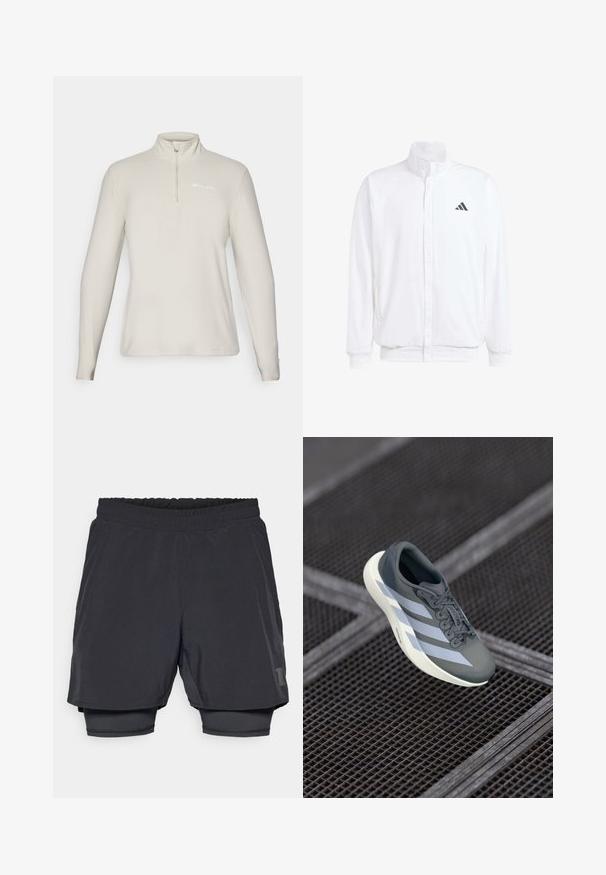 Balta lengva striukė su stovinčiu apykaklės, priekyje užtrauktuku, šoninėmis kišenėmis ir juodu Adidas logotipu kairėje krūtinės pusėje. Minkšta tekstūra.; Champion HALF ZIP TOP - Flisinis džemperis - beige; Juodi sportiniai šortai su elastingu juosmeniu, sluoksniuota konstrukcija ir prigludusia vidine pamušalu. Turi subtilų logotipą apatinėje pusėje.; Sportiniai batai pilkos ir baltos spalvos, pagaminti iš sintetinės medžiagos, su srauniu dizainu, tekstūruota danga ir ryškiu raištelių sistemu.