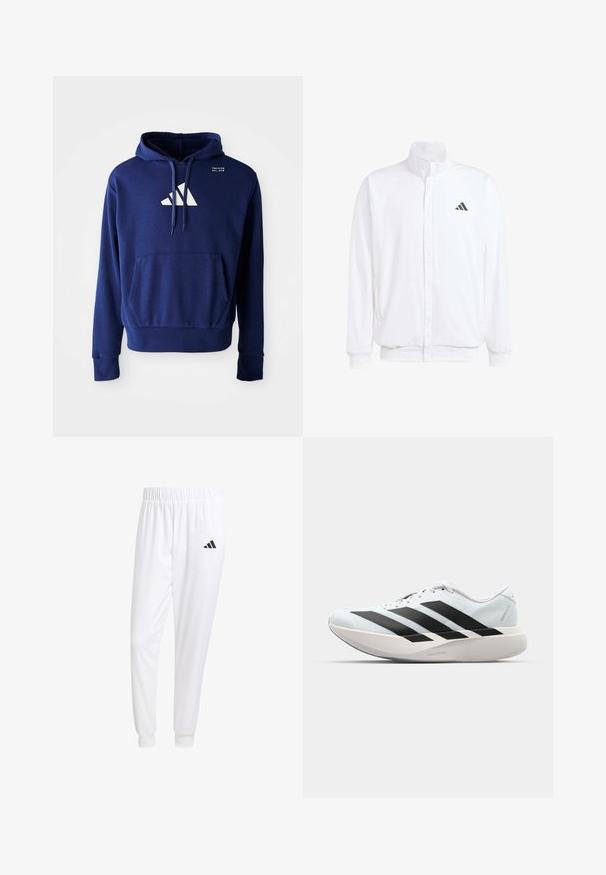 Balta lengva striukė su stovinčiu apykaklės, priekyje užtrauktuku, šoninėmis kišenėmis ir juodu Adidas logotipu kairėje krūtinės pusėje. Minkšta tekstūra.; Tamsiai mėlyna džemperis su kengūros kišene, su raišteliu reguliuojama kapučiu ir baltu logotipu, kuriame yra trys įstrižai dryžiai ant krūtinės. Minkšta audinio tekstūra.; Balti sportiniai keliaraiščiai, pagaminti iš lygios medžiagos, su elastinga liemene ir priglundančiais rankogaliais, ant galinio kišenės yra juodas logotipas.; Lengvi bėgimo batai šviesiai mėlynos spalvos su juodomis juostelėmis. Yra lygus viršus, apvalus pirštas ir storas baltas vidpadis su užrašu "LIGHTSTRIKE PRO."