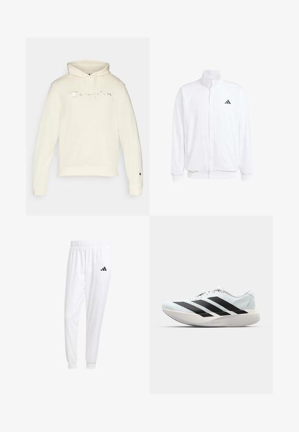Valkoinen kevyt takki, jossa on pystysuora kaulus, etuvetoketju, sivutaskut ja musta Adidas-logo vasemmassa rinnassa. Pehmeä rakenne.; Kermanvärinen huppari, jossa on eteen ommeltu kenguru-tasku, nyöritettävä huppu ja rinnassa kirjailtu "Champion"-logo kursiivilla.; Valkoiset urheiluhousut, jotka on valmistettu sileästä kankaasta, jossa on joustava vyötärö ja istuvat hihat, ja joissa on musta logo takataskussa.; Kevyt juoksukengät vaaleansinisinä mustilla raidoilla. Ominaisuuksiin kuuluu sileä pinta, pyöreä kärki ja paksu valkoinen välipohja, joka on merkitty "LIGHTSTRIKE PRO".