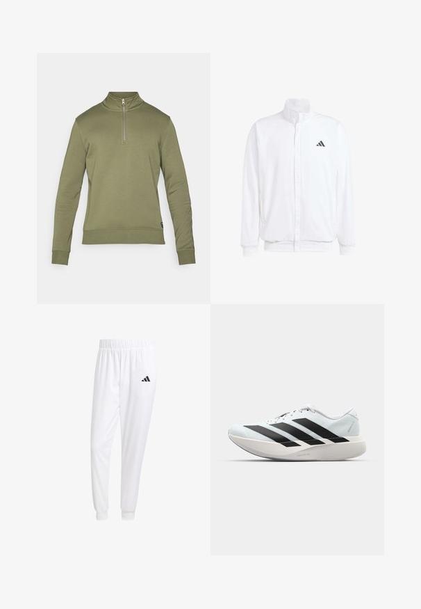 Bela lahka jakna s stojčnim ovratnikom, sprednjim zadrgo, stranskimi žepi in črnimi Adidasovimi logotipi na levem prsnem delu. Mehak material.; Pulover v olivno zeleni barvi z visokim ovratnikom in polovičnim zadrgo. Ima dolge rokave in rebraste manšete, izdelan iz mehke tkanine.; Bele atletske hlače iz gladkega materiala, z elastičnim pasom in prilagojenimi manšetami, na zadnjem žepu pa je črna logo.; Lahki tekaški čevlji v svetlo modri barvi z belimi črtami. Imajo gladek zgornji del, okroglo kapico in debel bel srednji podplat z označbo "LIGHTSTRIKE PRO."