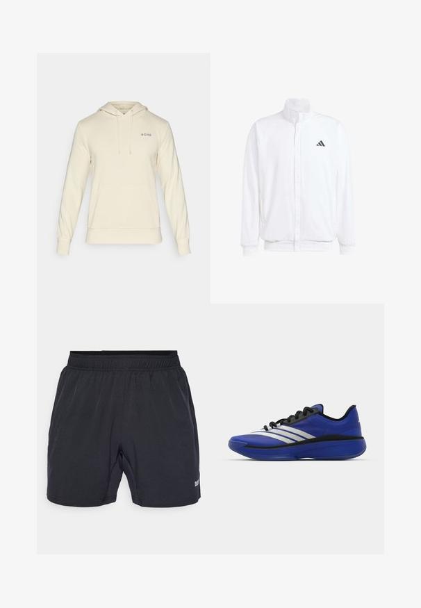 Biela ľahká bunda so stojáčikovým golierom, predným zipsom, bočnými vreckami a čiernym logom Adidas na ľavej hrudi. Mäkčená štruktúra.; Krémová mikina s kapucňou, s klokankou, s sťahovacími šnúrkami a subtilným logom "BORG" v ľavom hornom rohu. Mäkkučký materiál, dlhé rukávy.; Čierne šortky s elastickým pásom, vyrobené z hladkej, ľahkej látky, s malým logom na dolnej pravej strane.; adidas Performance ADIZERO SELECT 3.0 - Basketbalová obuv - lucid blue/core black/metallic
