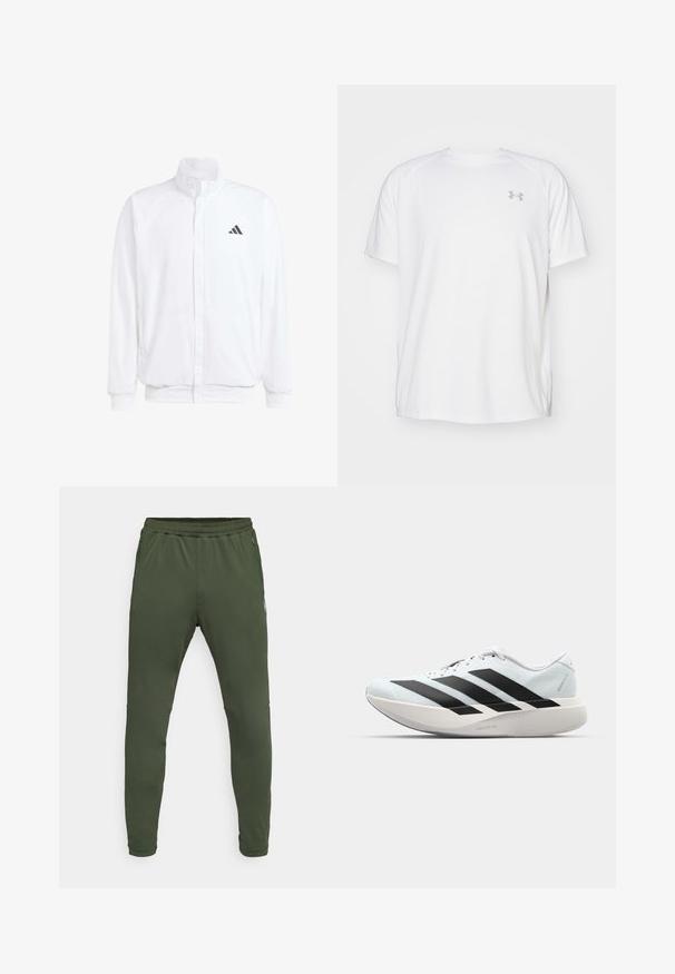 Balts viegls jaciņš ar stāvo apkakli, priekšējo rāvējslēdzēju, sānu kabatām un melnu Adidas logo kreisajā krūtī. Mīksta tekstūra.; Baltas īsajiem piedurknēm sporta krekls, izgatavots no gludas auduma. Tam ir apaļa kakla izgriezums un pelēks logo uz kreisās krūtis, kā arī sānu šķēlumi apakšmalā.; Zaļas poliestera sporta bikses ar elastīgu vidukli, sašaurinātiem galiem un sānu kabatām, kas izceļas ar izšūtām detaļām un gludu tekstūru.; Gaiši zili vieglie skriešanas apavi ar melniem svītrainiem. Iezīmēti ar gludu augšpusi, apaļu purngalu un biezāko balto vidējo zoli, kurā ir uzraksts "LIGHTSTRIKE PRO."