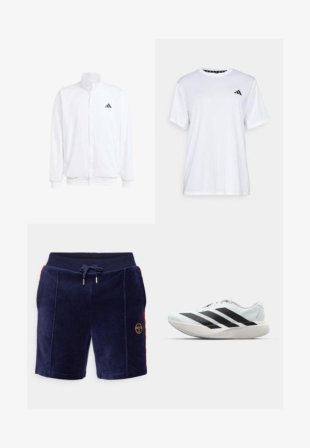 Casaco leve branco com colarinho alto, fecho frontal com zipper, bolsos laterais e um logótipo preto da Adidas no peito esquerdo. Textura suave.; Camiseta atlética branca de mangas curtas, feita de tecido que absorve a humidade. Apresenta um logótipo preto no lado esquerdo do peito e um decote interior com padrão.; Calções de veludo azul-marinho com cintura elástica ajustável, detalhes laterais em vermelho e um emblema dourado na perna esquerda. Textura suave.; Tênis de corrida leves em azul pálido com riscas pretas. Apresentam um cabedal liso, bico redondo e uma entressola espessa branca rotulada como "LIGHTSTRIKE PRO."