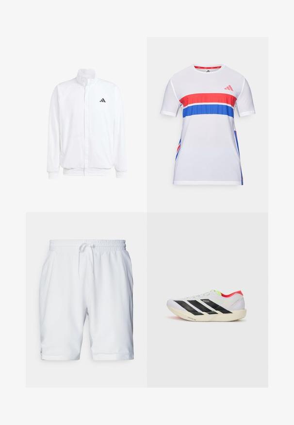 Biela ľahká bunda so stojáčikovým golierom, predným zipsom, bočnými vreckami a čiernym logom Adidas na ľavej hrudi. Mäkčená štruktúra.; Biela športová tričko s červenými a modrými vodorovnými pruhmi, vyrobené z priedušného materiálu, s krátkymi rukávmi a dizajnom s okrúhlym výstrihom.; Biele športové šortky s elastickým pásom a nastaviteľnou šnúrkou. Hladká tkanina s jemnou textúrou, s bočnými vreckami.; Biele behacie topánky s čiernymi pruhmi, neonovo zelenými akcentmi a červeným podpätkom. Majú ľahkú konštrukciu a textúrovanú podrážku pre lepšiu trakciu.