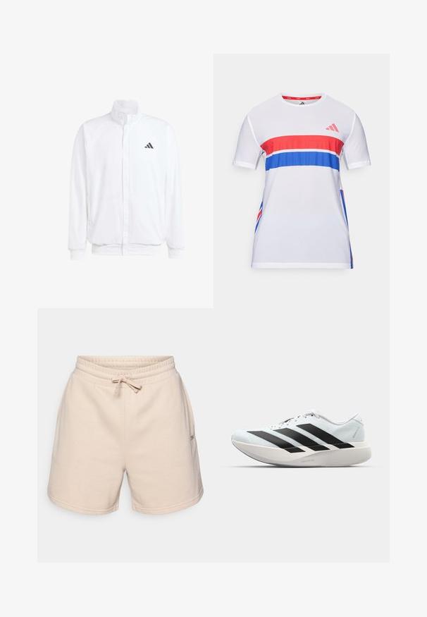 Valge kerge jakk, millel on seisev krae, ees lukuga kinnitus, küljetaskud ja must Adidas logo vasakul rinnal. Pehme tekstuur.; Valge sportlik t-särk, millel on punased ja sinised horisontaalsed triibud, valmistatud hingavast kangast, lühikeste varrukate ja ümmarguse kaelusega.; Beeži puuvillased lühikesed püksid, elastse vöökoha, reguleeritava nööriga ja kahe küljetaskuga. Küljel on väike logo.; Kerged jooksujalatsid helesinises värvuses mustade triipudega. Omavad siledat pealispinda, ümarat varvase osa ja paksu valget vahemõõtu, millel on silt "LIGHTSTRIKE PRO".