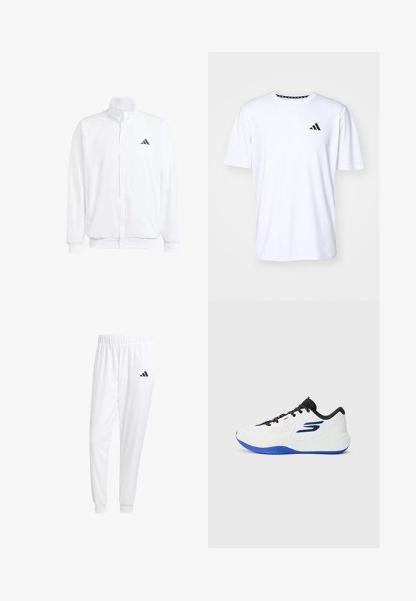 Λευκό ελαφρύ μπουφάν με όρθιο γιακά, φερμουάρ μπροστά, πλαϊνές τσέπες και μαύρο λογότυπο Adidas στο αριστερό στήθος. Μαλακή υφή.; Λευκό κοντομάνικο μπλουζάκι από ύφασμα με λεία υφή. Διαθέτει λογότυπο adidas σε μαύρο χρώμα στο αριστερό στήθος και σχέδιο στον γιακά.; Λευκά αθλητικά παντελόνια από λείο ύφασμα, με ελαστική μέση και εφαρμοστά μανίκια, που διαθέτουν ένα μαύρο λογότυπο στην πίσω τσέπη.; Λευκά αθλητικά παπούτσια με μπλε λεπτομέρειες και μαύρες κορδόνες. Διαθέτουν πλέγμα σε διάφορα σημεία και ενισχυμένη σόλα για υποστήριξη και άνεση.
