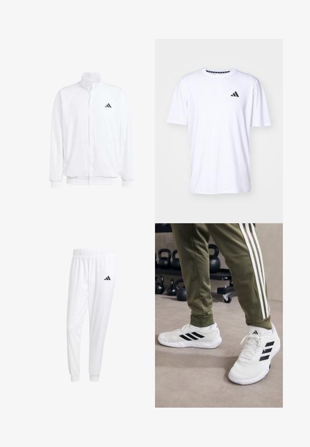 White lightweight jacket featuring a stand collar, front zipper closure, side pockets, and a black Adidas logo on the left chest. Soft texture.; White short-sleeve t-shirt made of fabric with a smooth texture. Features a black adidas logo on the left chest and a patterned collar.; White athletic pants made of smooth fabric, featuring an elastic waistband and fitted cuffs, with a black logo on the back pocket.; White athletic shoes with black stripes, mesh texture, and a padded collar, paired with olive green pants featuring white side stripes.