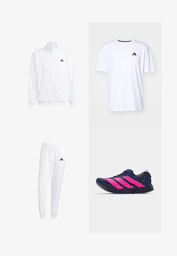 Weiße leichte Jacke mit Stehkragen, durchgehendem Reißverschluss, seitlichen Taschen und schwarzem Adidas-Logo auf der linken Brust. Weicher Stoff.; Weißes T-Shirt mit kurzen Ärmeln aus glattem Stoff. Verfügt über ein schwarzes adidas-Logo auf der linken Brust und einen gemusterten Kragen.; Weiße Sporthose aus glattem Stoff, mit einem elastischen Bund und enganliegenden Bündchen, mit einem schwarzen Logo auf der Gesäßtasche.; adidas Performance ADIZERO ADIOS PRO 4 - Laufschuh Straße - dark blue/shock pink/dash grey