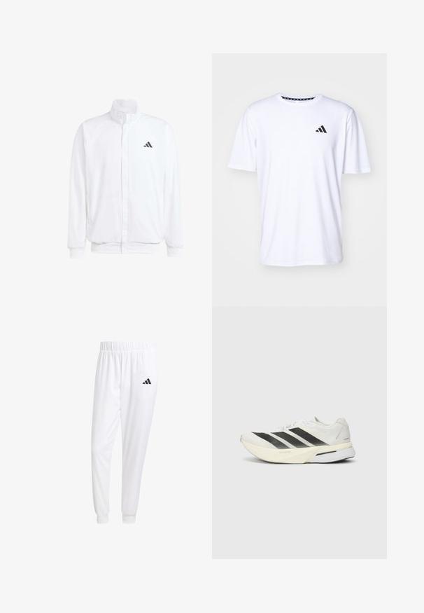 Balts viegls jaciņš ar stāvo apkakli, priekšējo rāvējslēdzēju, sānu kabatām un melnu Adidas logo kreisajā krūtī. Mīksta tekstūra.; Balta īsām piedurknēm T-kreklu, kas izgatavots no auduma ar gludu tekstūru. Tam ir melns adidas logo kreisajā krūtī un rakstains apkakles dizains.; Baltas sporta bikses, kas izgatavotas no gludas auduma, ar elastīgu jostu un pieguļošiem uzmavām, ar melnu logotipu aizmugurējā kabatā.; Baltas sporta apavas ar melnām svītrām, viegla sieta augšdaļa, noapaļota purngala daļa un mīksts zole, uz kuras rakstīts "Lightstrike Pro".
