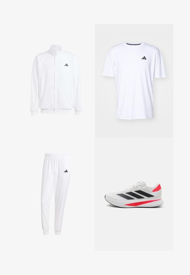 Valge kerge jakk, millel on seisev krae, ees lukuga kinnitus, küljetaskud ja must Adidas logo vasakul rinnal. Pehme tekstuur.; Valge lühikeste varrukatega T-särk, mis on valmistatud sileda tekstuuriga kangast. Vasakul rinnal on must adidas logo ja mustriline krae.; Valged sportpüksid, mis on valmistatud siledast kangast, omavad elastset vöökohta ja kitsaid mansette, tagakoti peal on must logo.; Valged spordijalatsid mustade ribadega, tekstuuriga ülaosa, roosa aktsentidega ja kerge tallaga, millel on "LIGHTMOTION" bränd.
