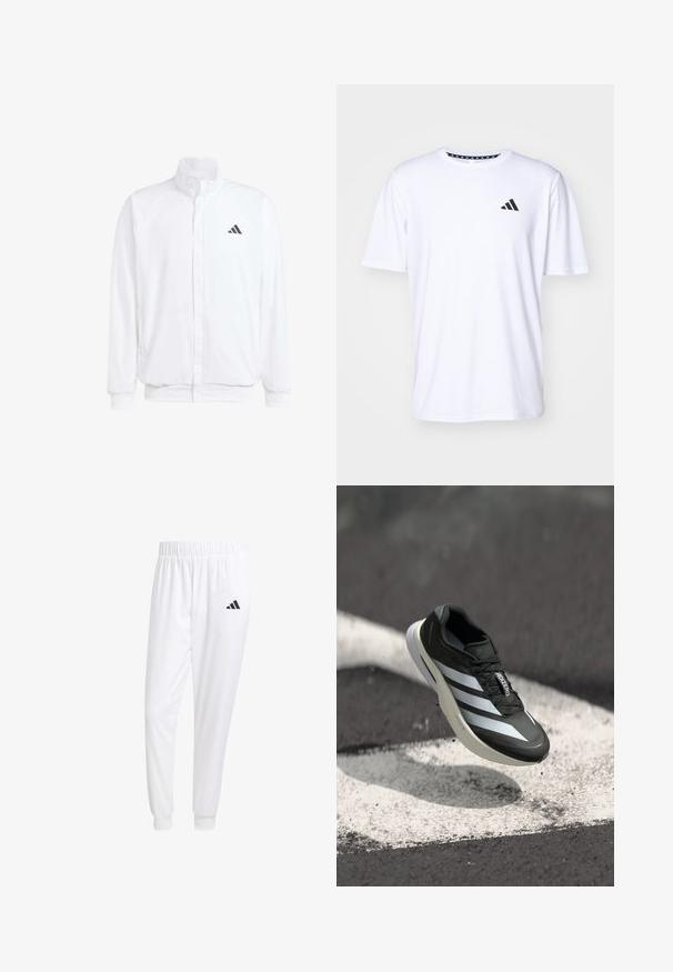 Bijela lagana jakna s visokim ovratnikom, prednjim zatvaračem, bočnim džepovima i crnim Adidas logom na lijevoj sisi. Mekana tekstura.; Bijela kratkotrajna majica s kratkim rukavima izrađena od tkanine s glatkom teksturom. Sadrži crni adidas logotip na lijevoj strani prsnog koša i uzorak na ovratniku.; Bijele atletske hlače od glatkog materijala, sa elastičnom vrpcom u struku i pripijenim manžetama, sa crnim logom na stražnjem džepu.; Crne atletske cipele s tri bijele pruge, strukturiranim gornjim dijelom, elegantnim dizajnom i zakrivljenim đonom, postavljene iznad bijele crte na asfaltu.
