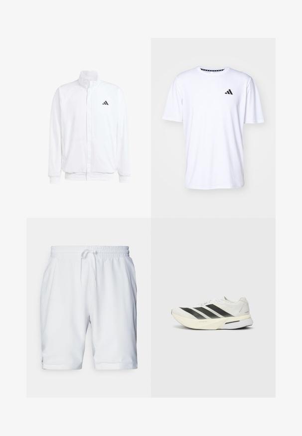 Bijela lagana jakna s visokim ovratnikom, prednjim zatvaračem, bočnim džepovima i crnim Adidas logom na lijevoj sisi. Mekana tekstura.; Bijela kratkotrajna majica s kratkim rukavima izrađena od tkanine s glatkom teksturom. Sadrži crni adidas logotip na lijevoj strani prsnog koša i uzorak na ovratniku.; Bijele atletske kratke hlače s elastičnim pojasom i podesivom vezicom. Glatka tkanina s suptilnom teksturom, sa bočnim džepovima.; Bijela atletska cipela s crnim trakama, lagani mrežasti gornji dio, zaobljeni vrh i podloga s undeciranim oznakama "Lightstrike Pro."