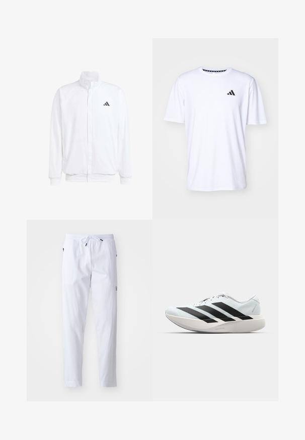 Jachetă albă ușoară, cu guler în picioare, închidere cu fermoar în față, buzunare laterale și un logo Adidas negru pe pieptul stâng. Textură moale.; Tricou alb cu mânecă scurtă dintr-un material cu o textură netedă. Dispune de un logo negru adidas pe pieptul stâng și un guler cu un model.; EA7 Emporio Armani TENNIS PRO PANT WIMBLEDON - Pantaloni de trening - white; Pantofi de alergare ușori în albastru deschis cu dungi negre. Au un superior neted, vârf rotund și o intermediară groasă albă etichetată "LIGHTSTRIKE PRO."