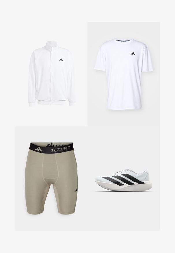 White lightweight jacket featuring a stand collar, front zipper closure, side pockets, and a black Adidas logo on the left chest. Soft texture.; White short-sleeve t-shirt made of fabric with a smooth texture. Features a black adidas logo on the left chest and a patterned collar.; adidas Performance BASE SHORT - Leggings - silver pebble; Lightweight running shoes in pale blue with black stripes. Features a smooth upper, round toe, and thick white midsole labeled "LIGHTSTRIKE PRO."