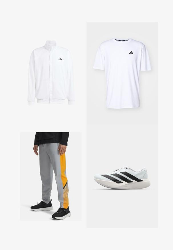 Witte lichtgewicht jas met een staande kraag, voorzijde met rits, zijzakken en een zwart Adidas-logo op de linkerborst. Zachte textuur.; Witte T-shirt met korte mouwen, gemaakt van stof met een gladde textuur. Heeft een zwart adidas-logo op de linkerborst en een geborduurde kraag.; Grijze sportbroeken hebben een oranje zijpaneel met verticale lijnen en zwarte accenten. Draag ze met zwarte sneakers tegen een neutrale achtergrond.; Lichte hardloopschoenen in lichtblauw met zwarte strepen. Beschikt over een soepele bovenkant, ronde neusstuk en dikke witte tussenzool met het label "LIGHTSTRIKE PRO."