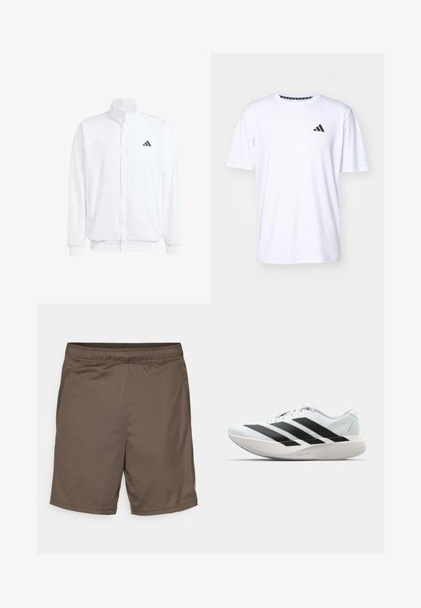 White lightweight jacket featuring a stand collar, front zipper closure, side pockets, and a black Adidas logo on the left chest. Soft texture.; White short-sleeve t-shirt made of fabric with a smooth texture. Features a black adidas logo on the left chest and a patterned collar.; Brown athletic shorts with an elastic waistband, smooth texture, and side pockets. Features a subtle branding accent in the lower corner.; Lightweight running shoes in pale blue with black stripes. Features a smooth upper, round toe, and thick white midsole labeled "LIGHTSTRIKE PRO."