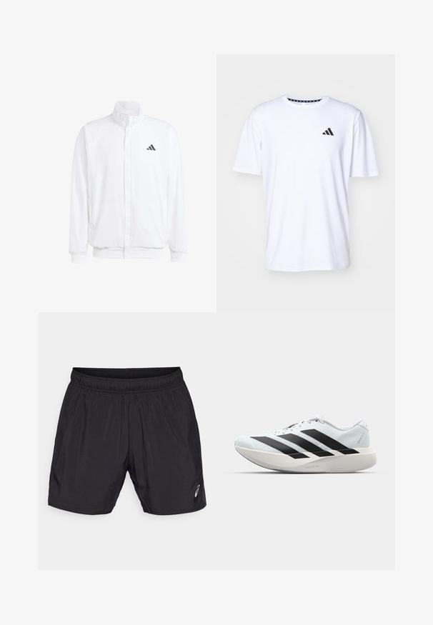White lightweight jacket featuring a stand collar, front zipper closure, side pockets, and a black Adidas logo on the left chest. Soft texture.; White short-sleeve t-shirt made of fabric with a smooth texture. Features a black adidas logo on the left chest and a patterned collar.; Black athletic shorts made from lightweight material, featuring an elastic waistband and a small logo on the lower left side.; Lightweight running shoes in pale blue with black stripes. Features a smooth upper, round toe, and thick white midsole labeled "LIGHTSTRIKE PRO."
