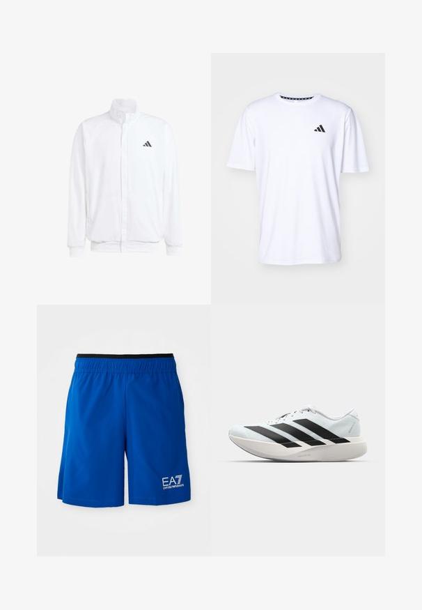 Fehér, könnyű dzseki, álló gallérral, elülső cipzáros záródással, oldalsó zsebekkel és fekete Adidas logóval a bal mellen. Puha tapintású.; Fehér, rövid ujjú póló sima tapintású anyagból. Az elülső részen fekete adidas logó található a bal mellrészen, valamint mintás gallér jellemzi.; Kék sportnadrág elasztikus derékrésszel, bal oldalon fehér logóval. Könnyű anyagból készült, sima textúrával.; Világoskék, fekete csíkos könnyű futószerek. Simább felső résszel, kerek orral és vastag fehér középtalppal, amelyen a "LIGHTSTRIKE PRO" felirat olvasható.