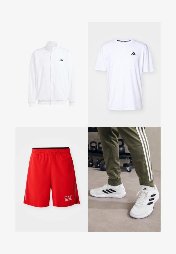 Chaqueta ligera blanca con cuello alzado, cierre frontal con cremallera, bolsillos laterales y un logo negro de Adidas en el lado izquierdo del pecho. Textura suave.; Camiseta blanca de manga corta fabricada con una tela de textura suave. Presenta un logo negro de adidas en el lado izquierdo del pecho y un cuello con un patrón.; Pantalones cortos deportivos rojos con cinturilla elástica negra, aberturas laterales, detalles reflectantes y logo blanco de EA7 Emporio Armani en la pierna delantera derecha.; Zapatillas deportivas blancas con rayas negras, textura de malla y un collar acolchado, combinadas con pantalones verde oliva que tienen rayas laterales blancas.