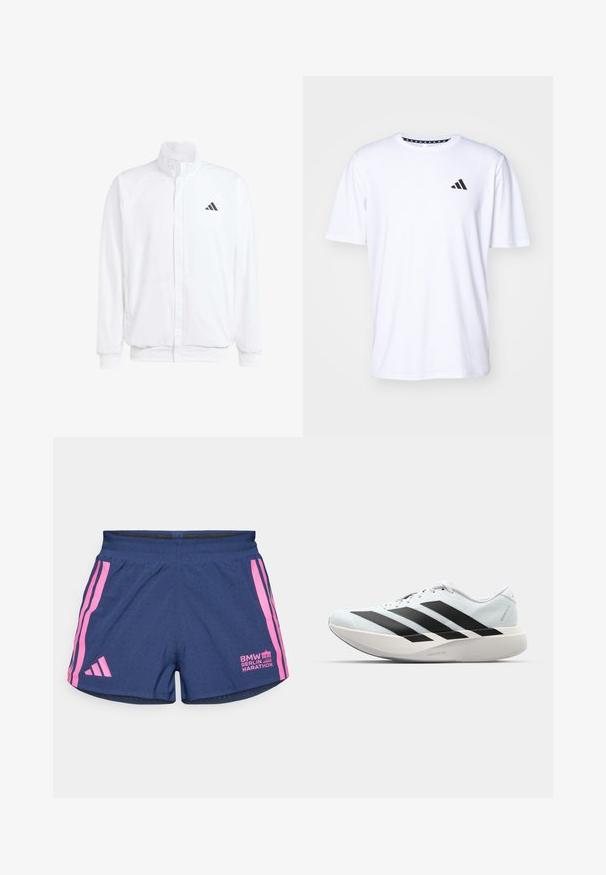 Casaco leve branco com colarinho alto, fecho frontal com zipper, bolsos laterais e um logótipo preto da Adidas no peito esquerdo. Textura suave.; T-shirt branco de mangas curtas feito de um tecido com uma textura suave. Apresenta um logótipo preto da adidas no lado esquerdo do peito e uma gola estampada.; adidas Performance BER25 SPLIT SHORT - Calções desportivos - collegiate navy; Tênis de corrida leves em azul pálido com riscas pretas. Apresentam um cabedal liso, bico redondo e uma entressola espessa branca rotulada como "LIGHTSTRIKE PRO."