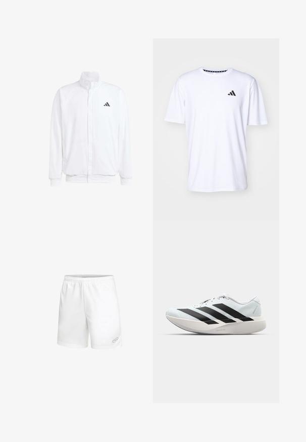 Casaco leve branco com colarinho alto, fecho frontal com zipper, bolsos laterais e um logótipo preto da Adidas no peito esquerdo. Textura suave.; T-shirt branco de mangas curtas feito de um tecido com uma textura suave. Apresenta um logótipo preto da adidas no lado esquerdo do peito e uma gola estampada.; Lotto SQUADRA III 7IN - Calções desportivos - weiss; Tênis de corrida leves em azul pálido com riscas pretas. Apresentam um cabedal liso, bico redondo e uma entressola espessa branca rotulada como "LIGHTSTRIKE PRO."
