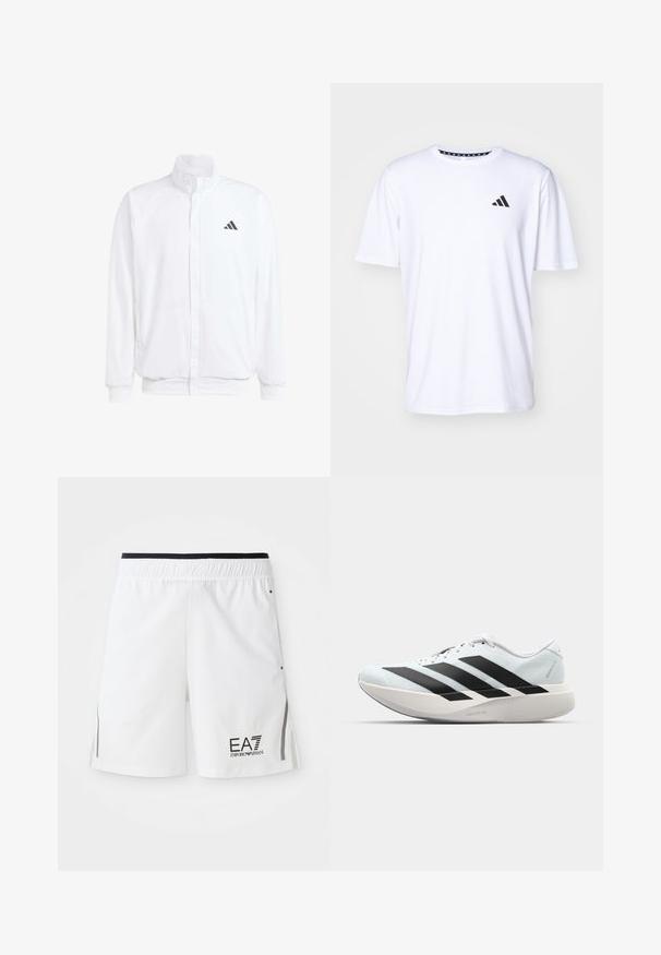 Balts viegls jaciņš ar stāvo apkakli, priekšējo rāvējslēdzēju, sānu kabatām un melnu Adidas logo kreisajā krūtī. Mīksta tekstūra.; Balta īsām piedurknēm T-kreklu, kas izgatavots no auduma ar gludu tekstūru. Tam ir melns adidas logo kreisajā krūtī un rakstains apkakles dizains.; Baltas sporta šortus ar melnu elastīgu jostas vietu, sānu šķeltnēm un melnu "EA7 Emporio Armani" logotipu kreisajā kājā.; Gaiši zili vieglie skriešanas apavi ar melniem svītrainiem. Iezīmēti ar gludu augšpusi, apaļu purngalu un biezāko balto vidējo zoli, kurā ir uzraksts "LIGHTSTRIKE PRO."