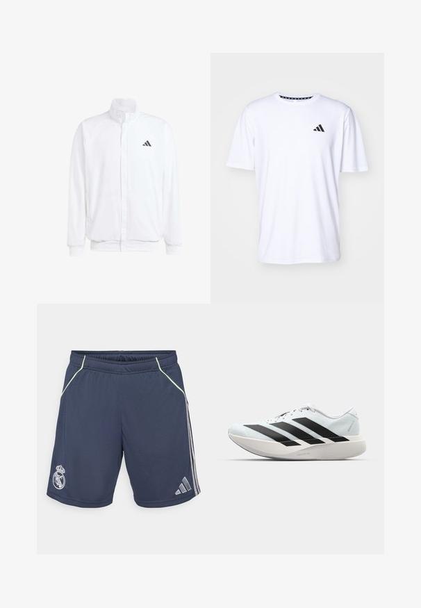Vit lättviktsjacka med ståkrage, framdragkedja, sidofickor och en svart Adidas-logotyp på vänster bröst. Mjuk textur.; Vit kortärmad t-shirt gjord av tyg med en slät textur. Har en svart adidas-logotyp på vänster bröst och en mönstrad krage.; Navy idrottsshorts tillverkade av mjukt tyg, med ljusgröna detaljer och silverfärgade sidolinjer. Inkluderar en Real Madrid-logo.; Lätta löparskor i ljusblått med svarta ränder. Har en slät ovandel, rund tå och tjock vit mellansula märkt "LIGHTSTRIKE PRO."